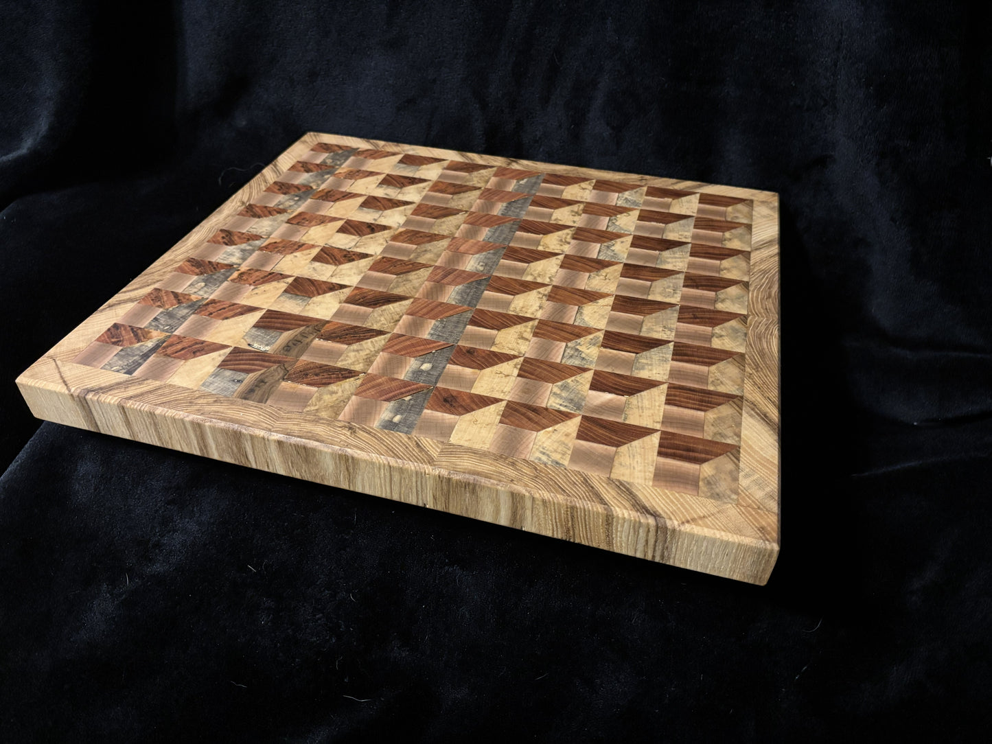 Maple, Cherry & Magnolia End Grain Patterned Cutting Board with Spalted Hackberry Border (17" x 15")