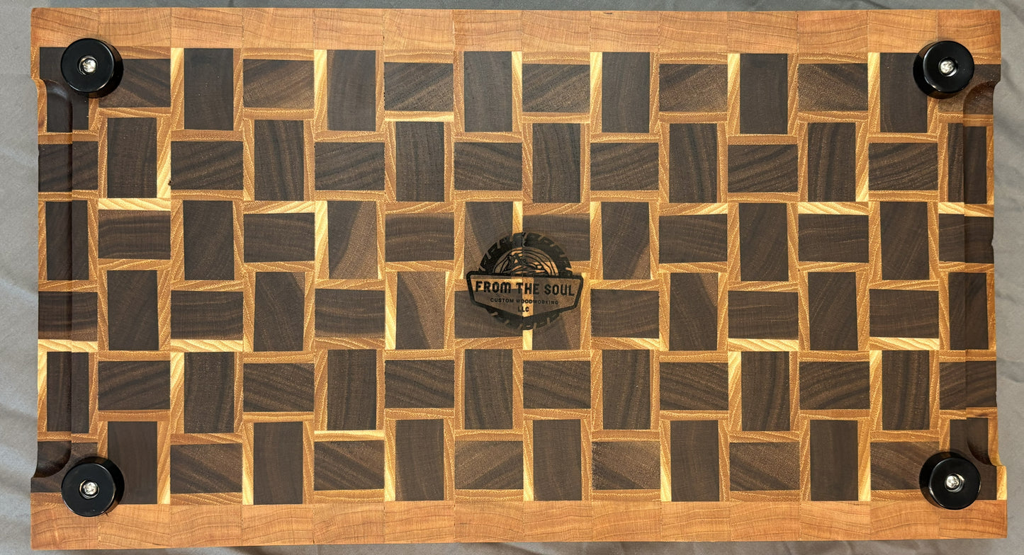 Walnut & Hickory End Grain Basket Weave Cutting Board with Cherry Border (9" x 17")