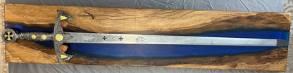 Live Oak Display Plaque with Blue Epoxy Inlay & Replica Sword – Handcrafted Presentation Piece