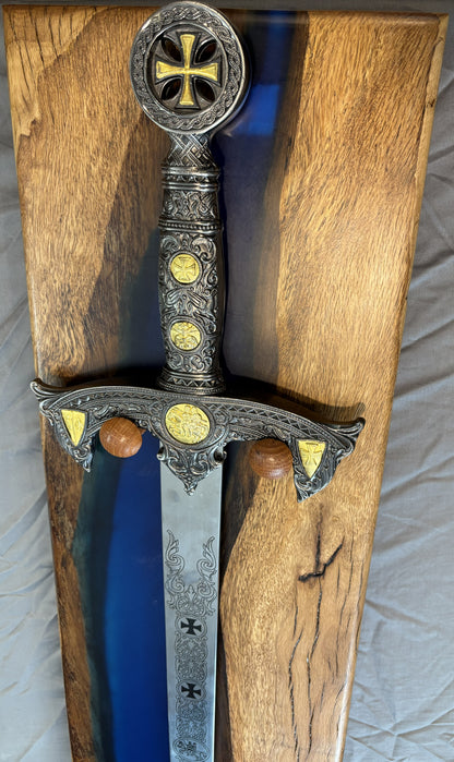 Live Oak Display Plaque with Blue Epoxy Inlay & Replica Sword – Handcrafted Presentation Piece