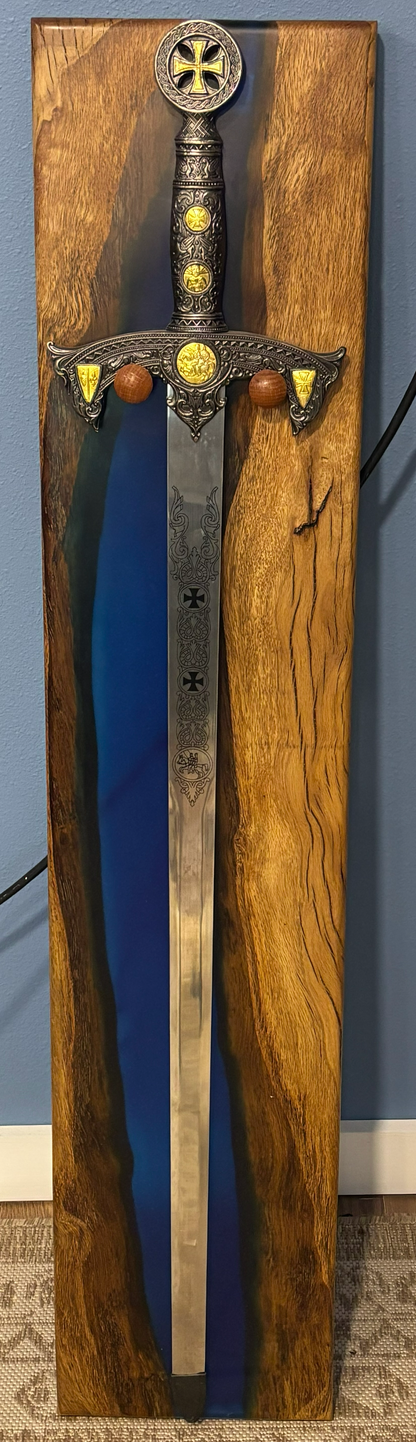 Live Oak Display Plaque with Blue Epoxy Inlay & Replica Sword – Handcrafted Presentation Piece