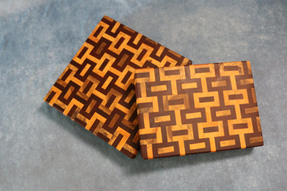 Magnolia & Padauk End Grain Patterned Cutting Board – Handcrafted Hardwood Kitchen Board (9.5" x 9.5")