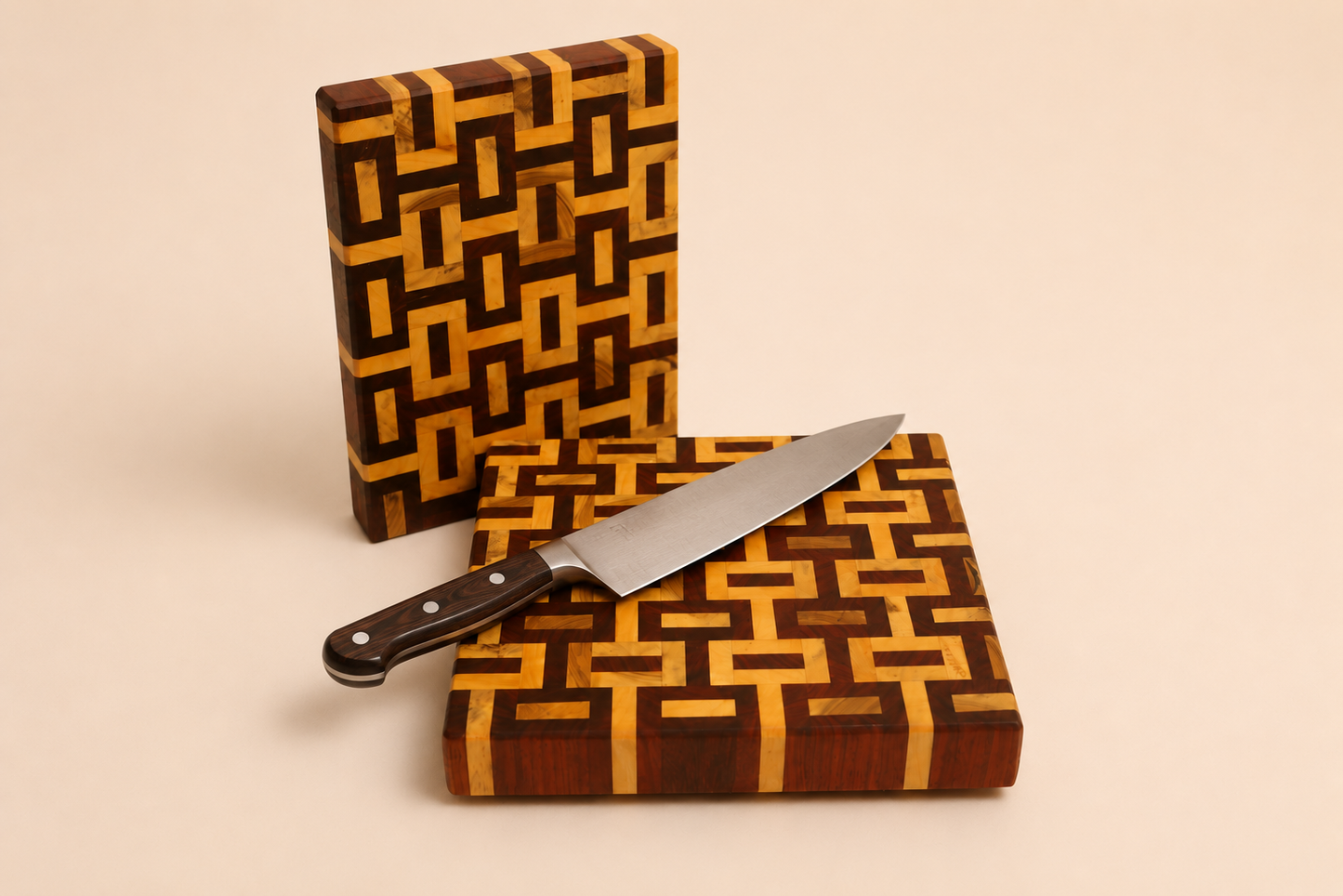Magnolia & Padauk End Grain Patterned Cutting Board – Handcrafted Hardwood Kitchen Board (9.5" x 9.5")