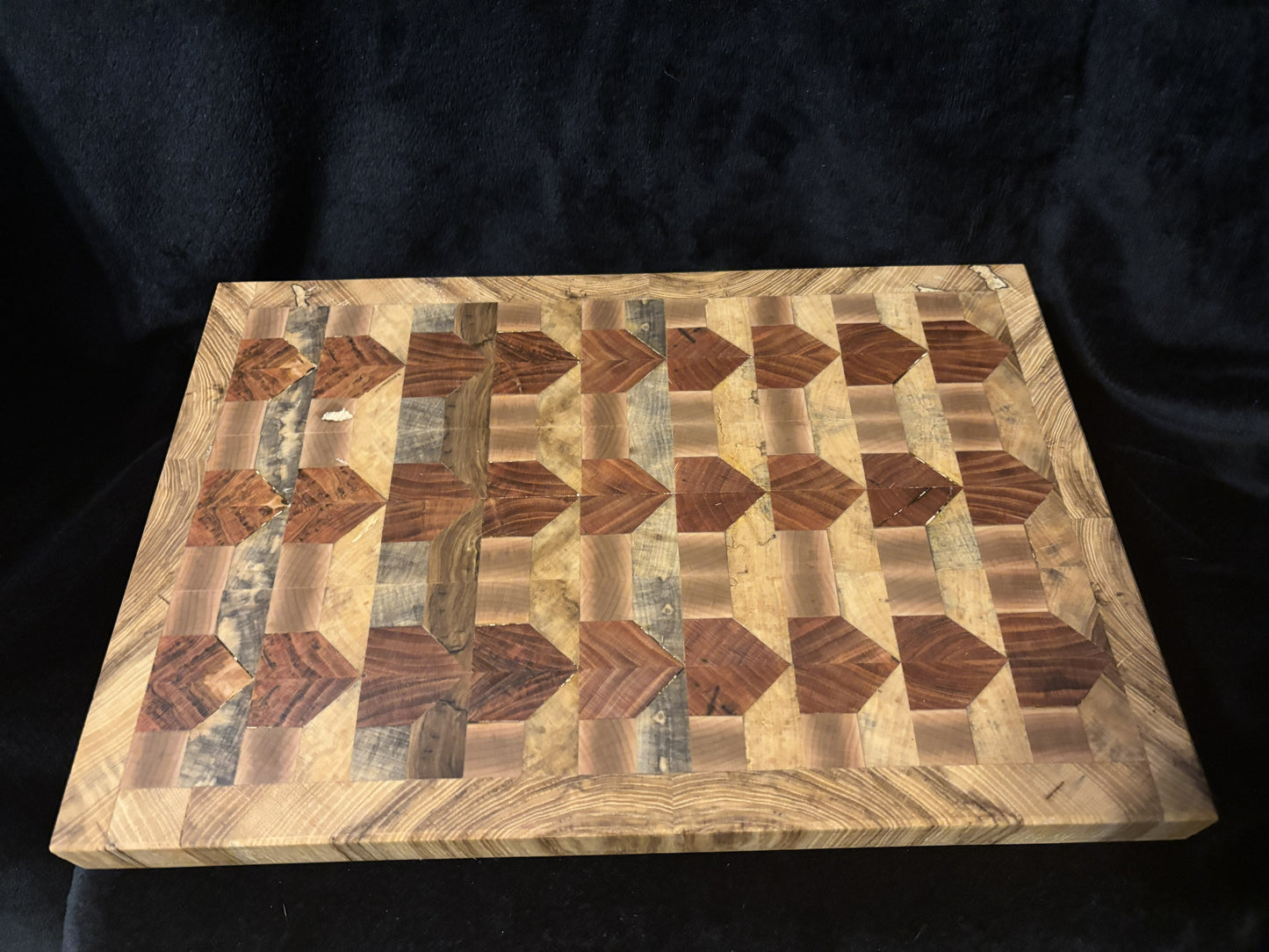 Maple, Cherry & Magnolia End Grain Patterned Cutting Board with Spalted Hackberry Border (12" x 17")
