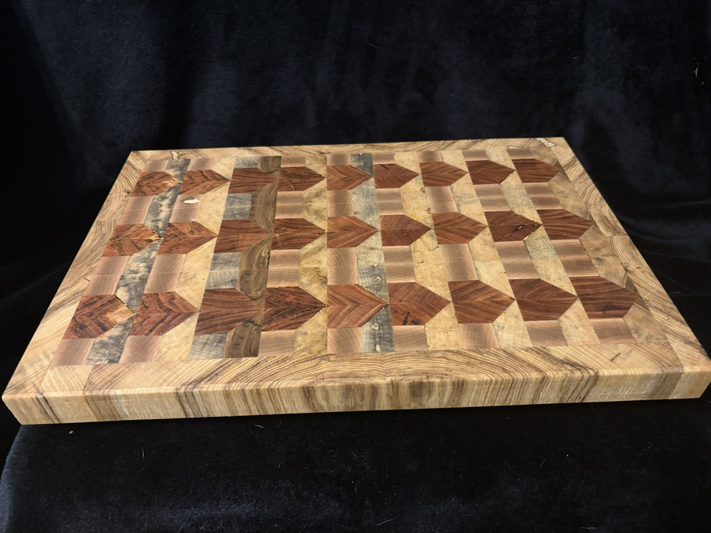 Maple, Cherry & Magnolia End Grain Patterned Cutting Board with Spalted Hackberry Border (12" x 17")