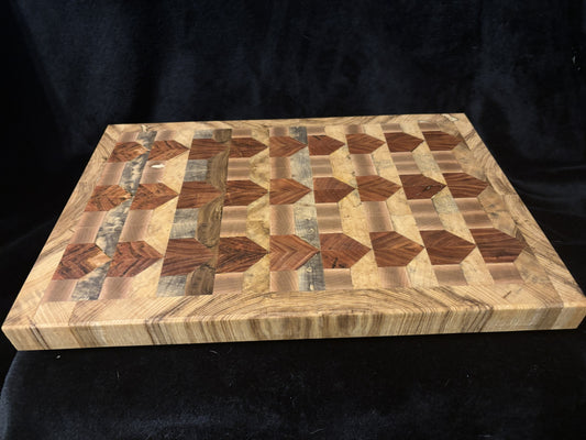 Maple, Cherry & Magnolia End Grain Patterned Cutting Board with Spalted Hackberry Border (12" x 17")