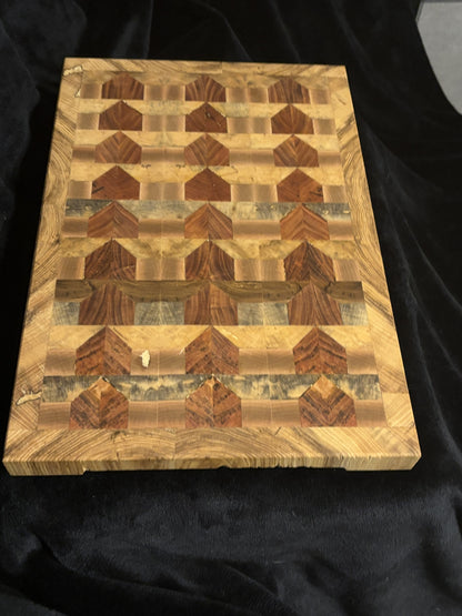 Maple, Cherry & Magnolia End Grain Patterned Cutting Board with Spalted Hackberry Border (12" x 17")