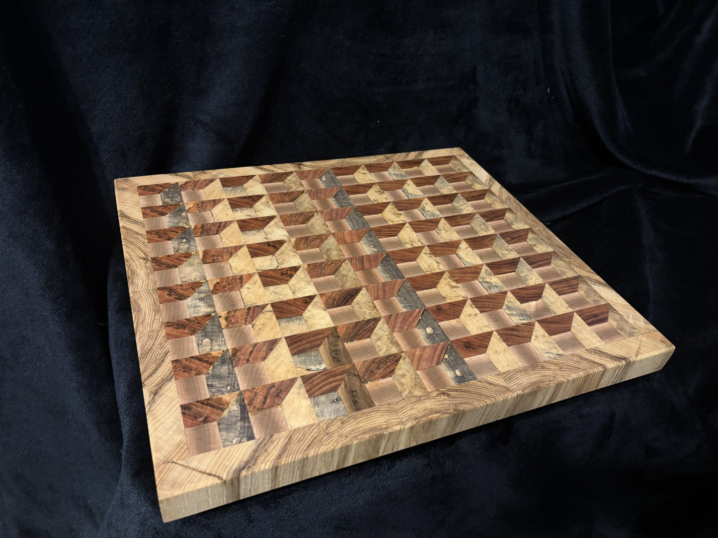 Maple, Cherry & Magnolia End Grain Patterned Cutting Board with Spalted Hackberry Border (17" x 15")