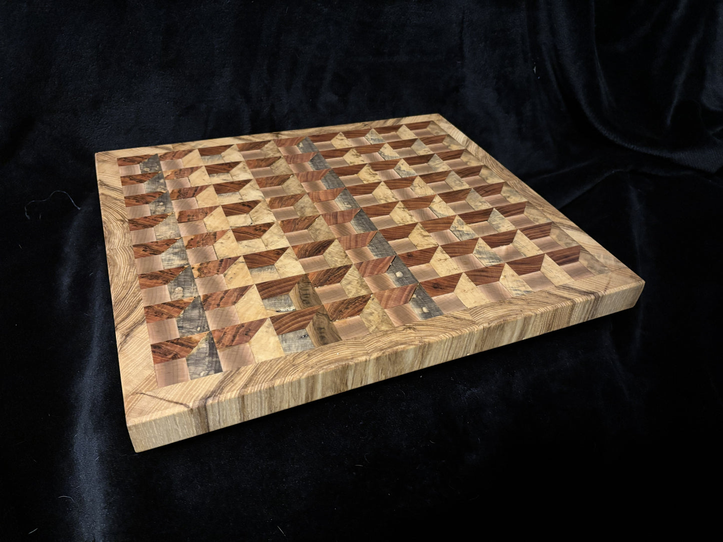 Maple, Cherry & Magnolia End Grain Patterned Cutting Board with Spalted Hackberry Border (17" x 15")